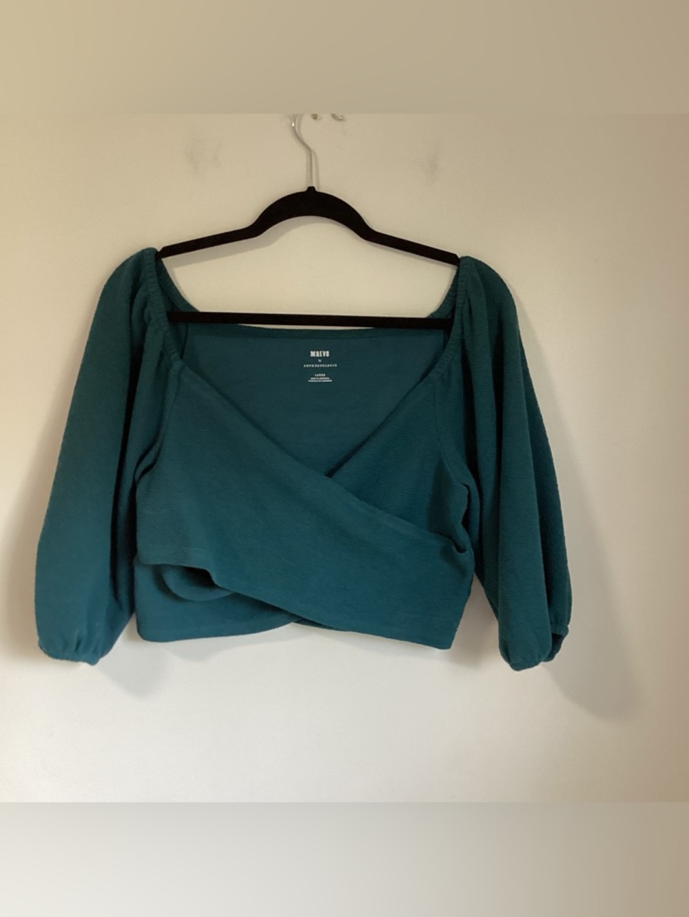 *Anthropologie Teal Wrap Crop Top with Puff Sleeves
